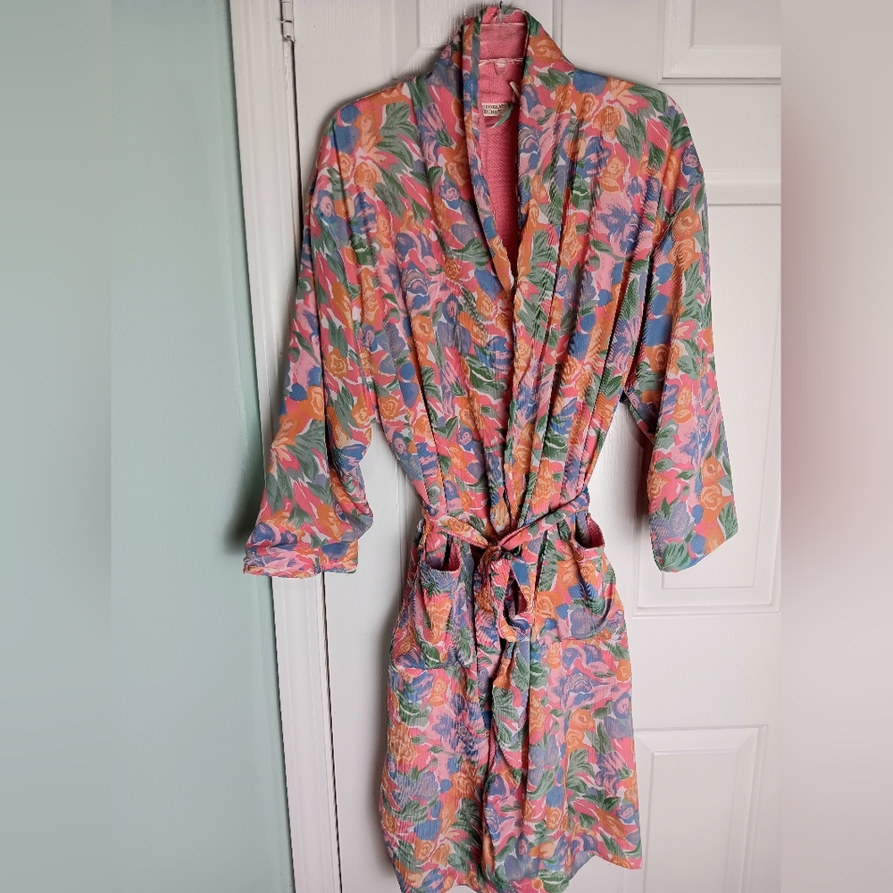 Vintage Victoria's Secret Gold Label Pink Floral Bath Robe Terry Cloth Lined O/S